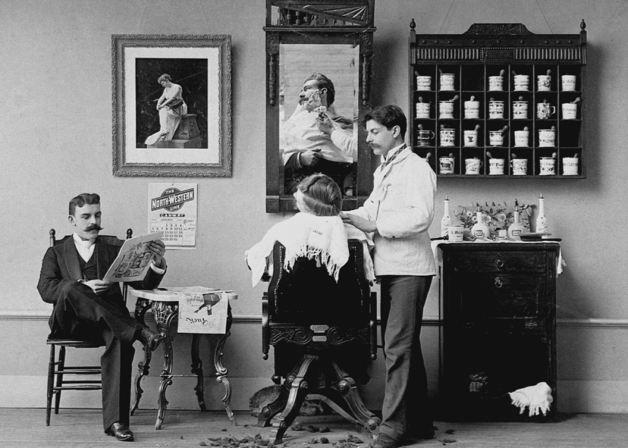 Three men in a barber shop