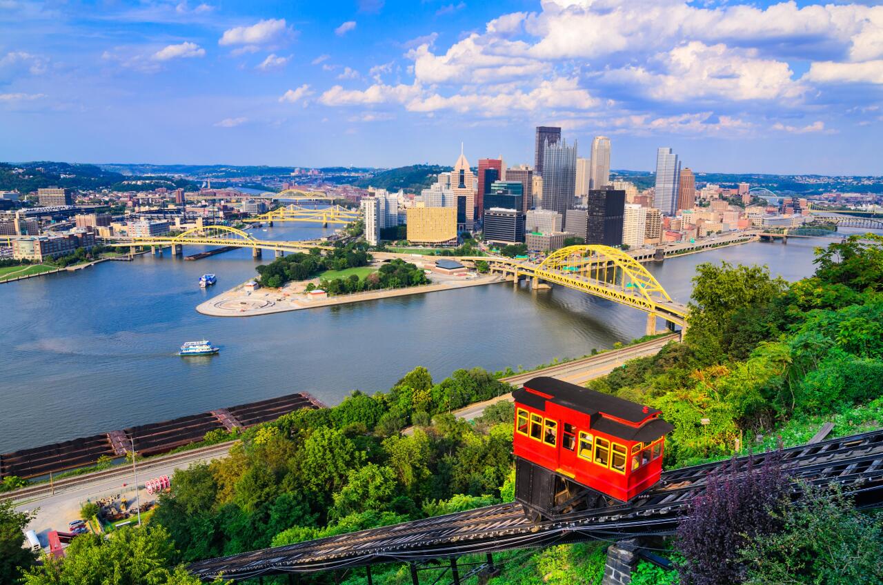 Aerial view Pittsburgh skyline.