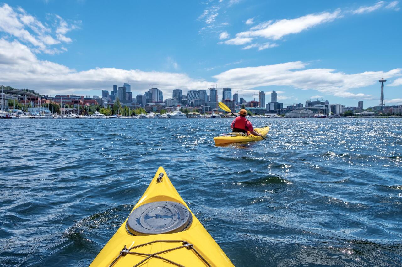 Kayakers on the Seattle waterfront.