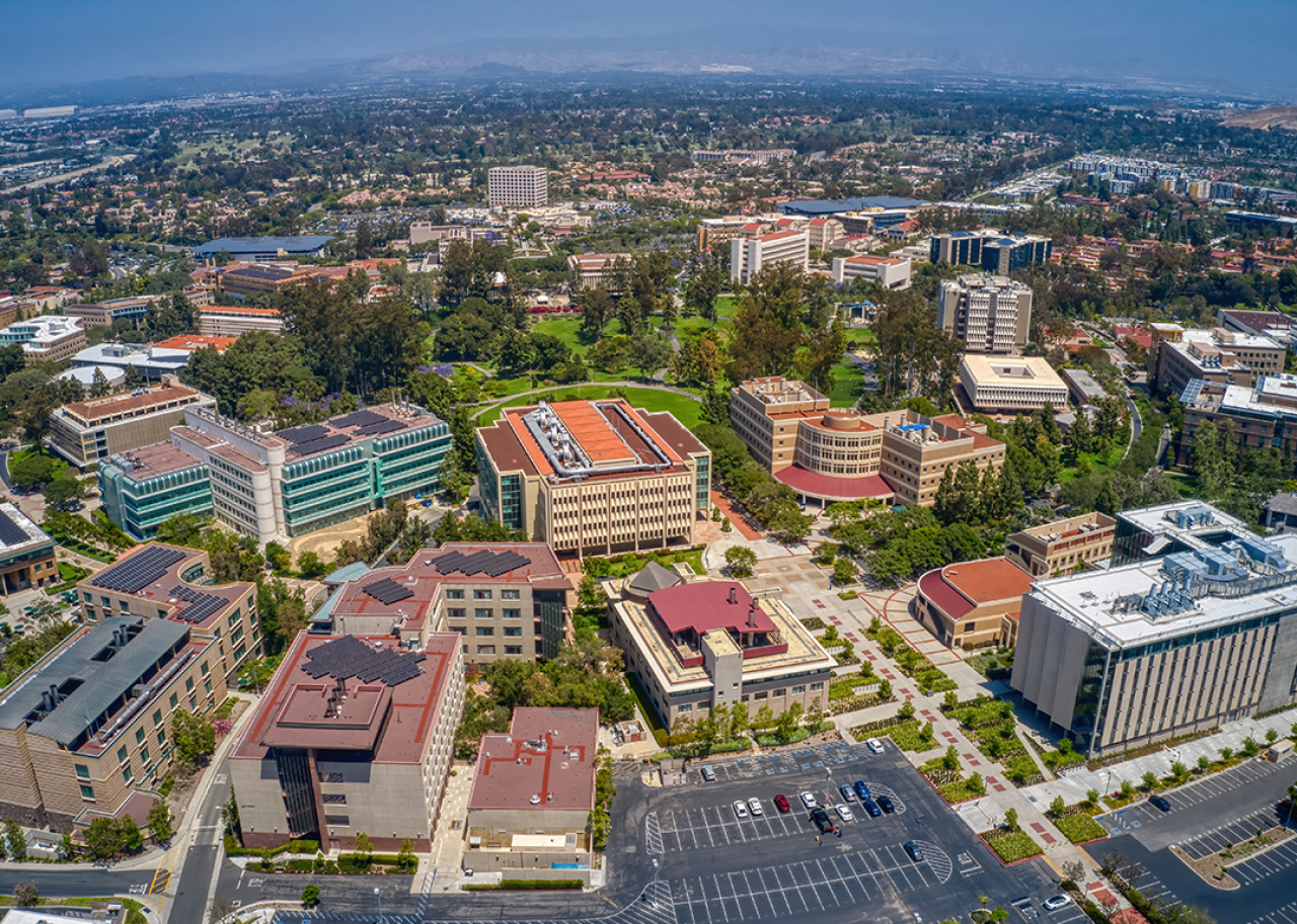 #21. University of California - Irvine Aerial view of campus and surrounding cityscape.