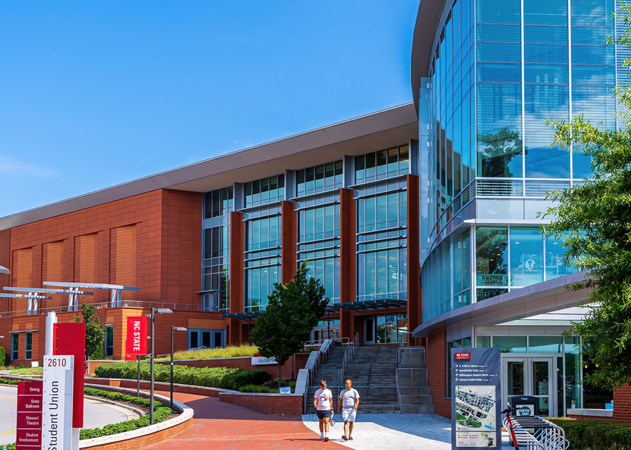 #29. North Carolina State University People walking to NC State Student Union building on campus.