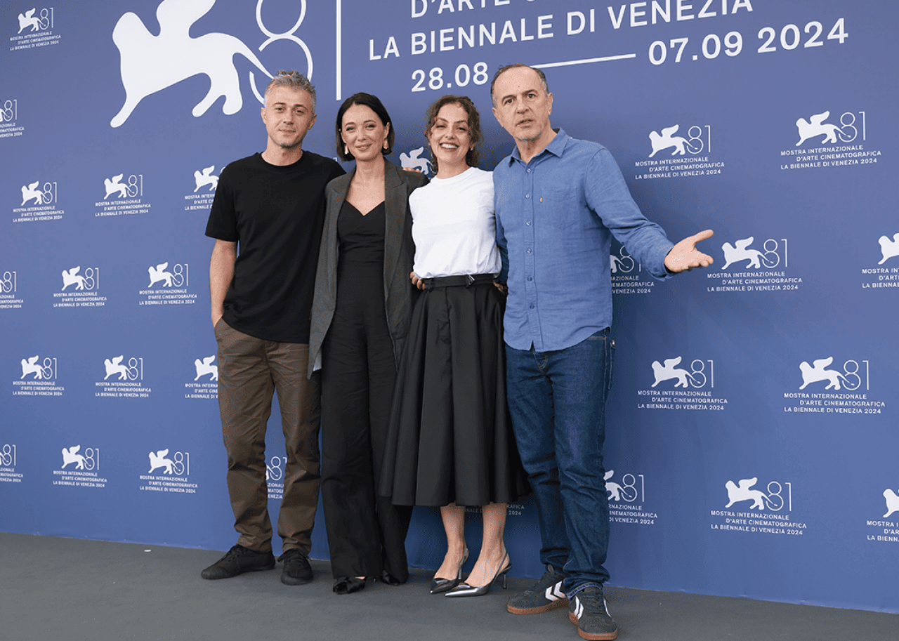 Kakha Kintsurashvili, Ia Sukhitashvili, Director Dea Kulumbegashvili and Merab Ninidze at Venice International Film Festival.