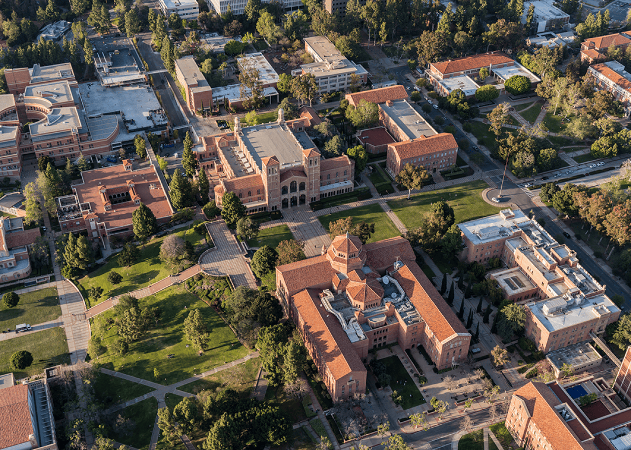 #9. University of California - Los Angeles Afternoon aerial view of historic Royce Hall and campus quad buildings on the UCLA campus near Westwood.
