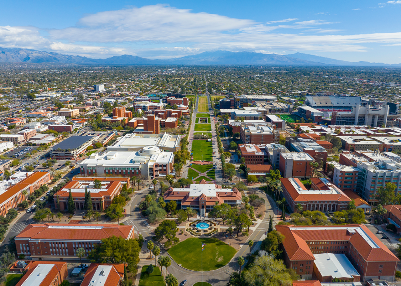 #46. University of Arizona Aerial view of the campus including University Mall and Old Main Building.