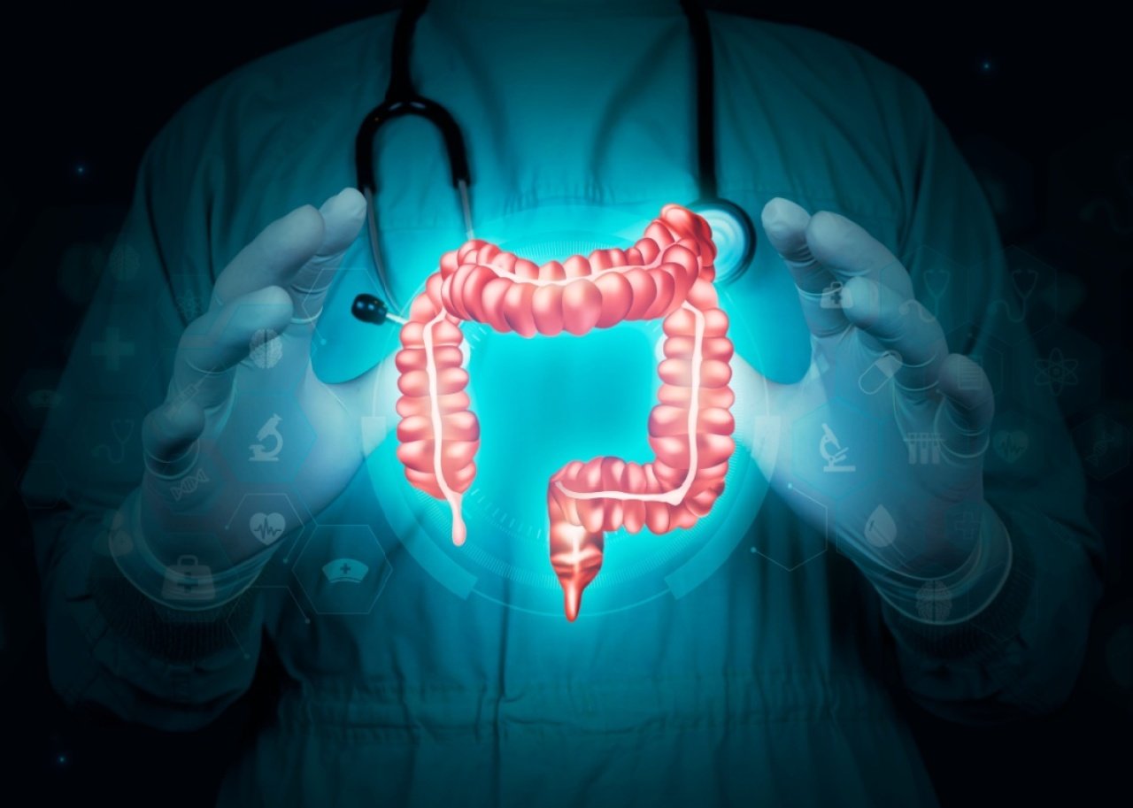 A medical illustration where a health care professional, wearing gloves and a stethoscope, is holding a glowing 3D model of colon. 