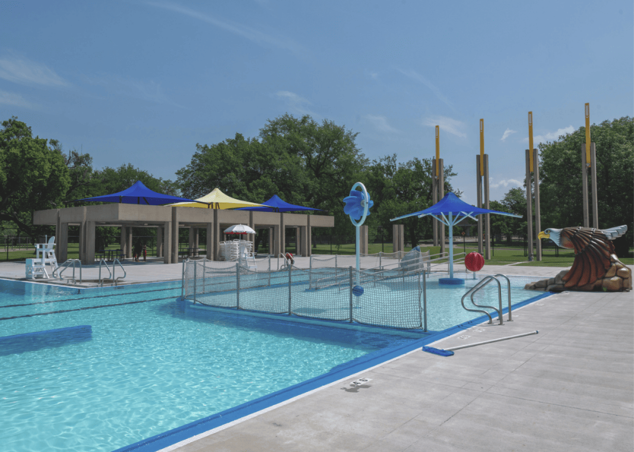 Charles McAfee: Charles McAfee Swimming Pool and Pool House A concrete structure behind the Charles McAfee Swimming Pool and Pool House.