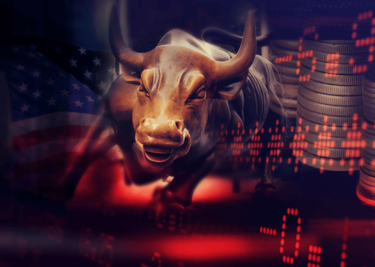 A stock market bull bronze statue with a background of financial charts.