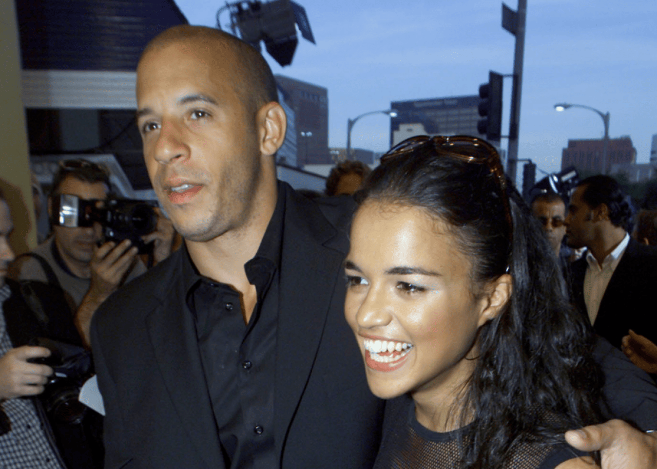 Michelle Rodriguez and Vin Diesel before the premiere of their film 'The Fast and the Furious.'