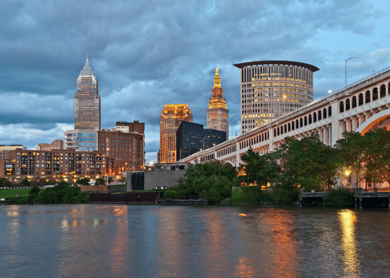 #12. Cleveland Cleveland's skyline as seen from across the river on a cloudy day.