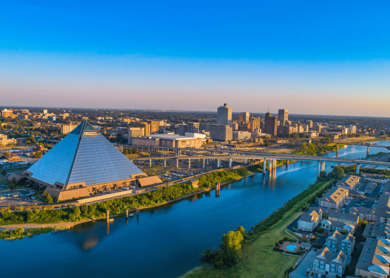 #6. Memphis, Tennessee An aerial view of downtown Memphis' skyline.