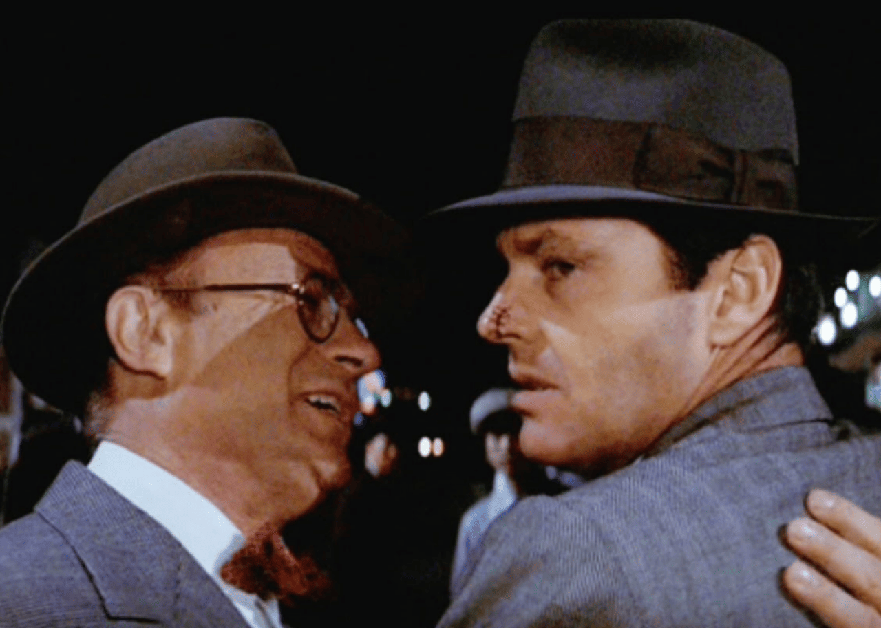 Jack Nicholson, Bruce Glover, and Joe Mantell in Chinatown.