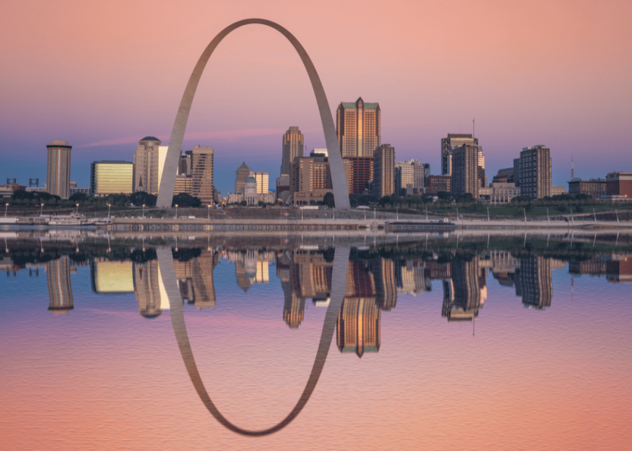 #5. St. Louis St. Louis and its iconic arch being reflected in water at sunrise.