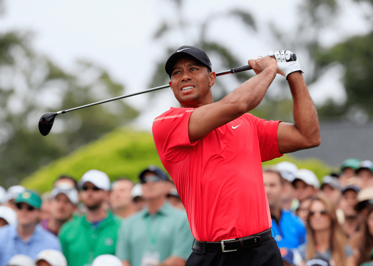 #11. Tiger Woods (tie) Tiger Woods watching his tee shot on the first hole during the final round of the 2015 Masters Tournament at Augusta National Golf Club on April 12, 2015.