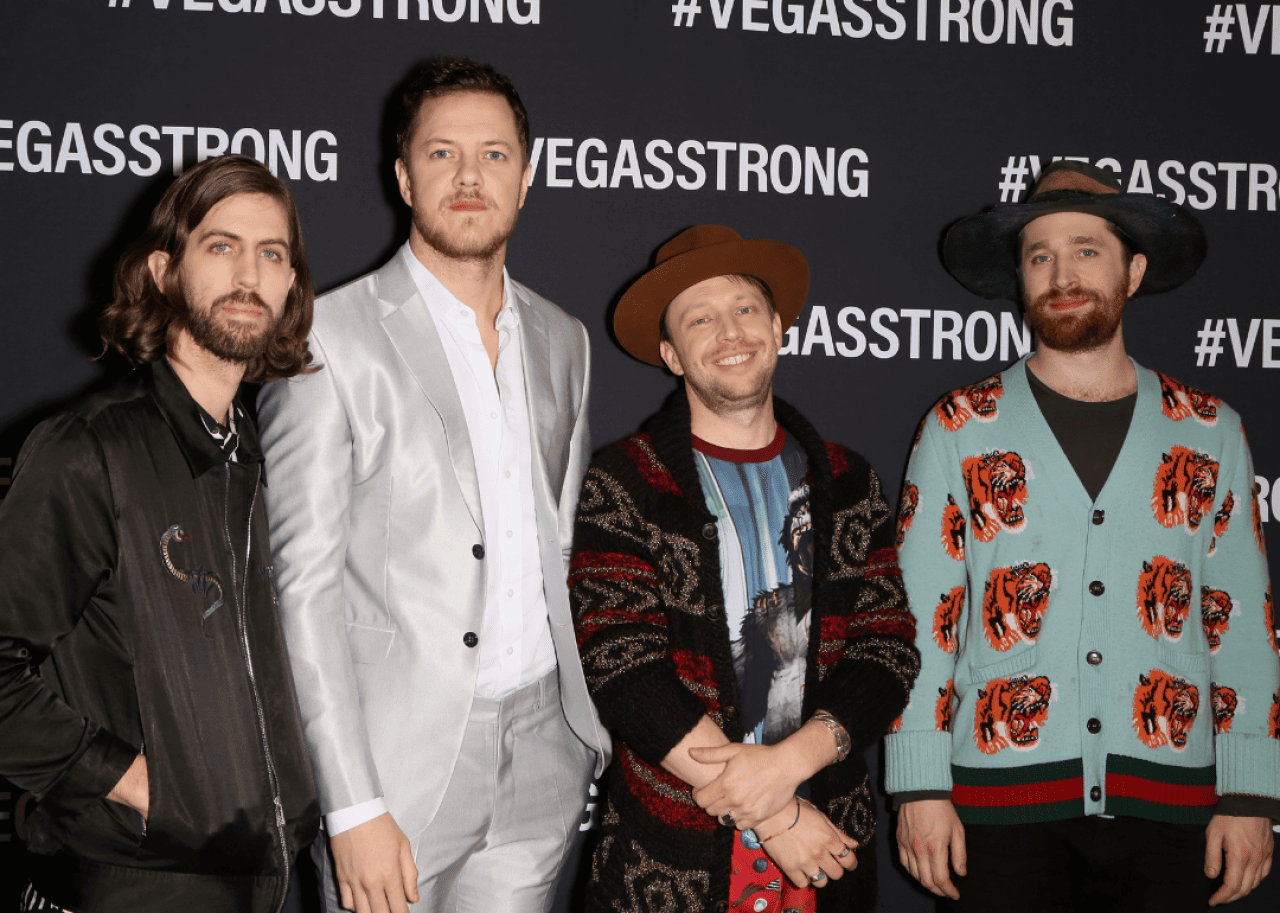 Guitarist Wayne Sermon, frontman Dan Reynolds, bassist Ben McKee and drummer Daniel Platzman of Imagine Dragons attending the Vegas Strong Benefit Concert at T-Mobile Arena.