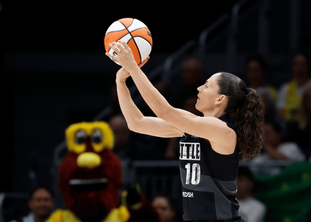 Sue Bird, #10 of the Seattle Storm, shooting against the Las Vegas Aces during the third quarter in Game Three of the 2022 WNBA Playoffs semifinals at Climate Pledge Arena on September 04, 2022, in Seattle, Washington.