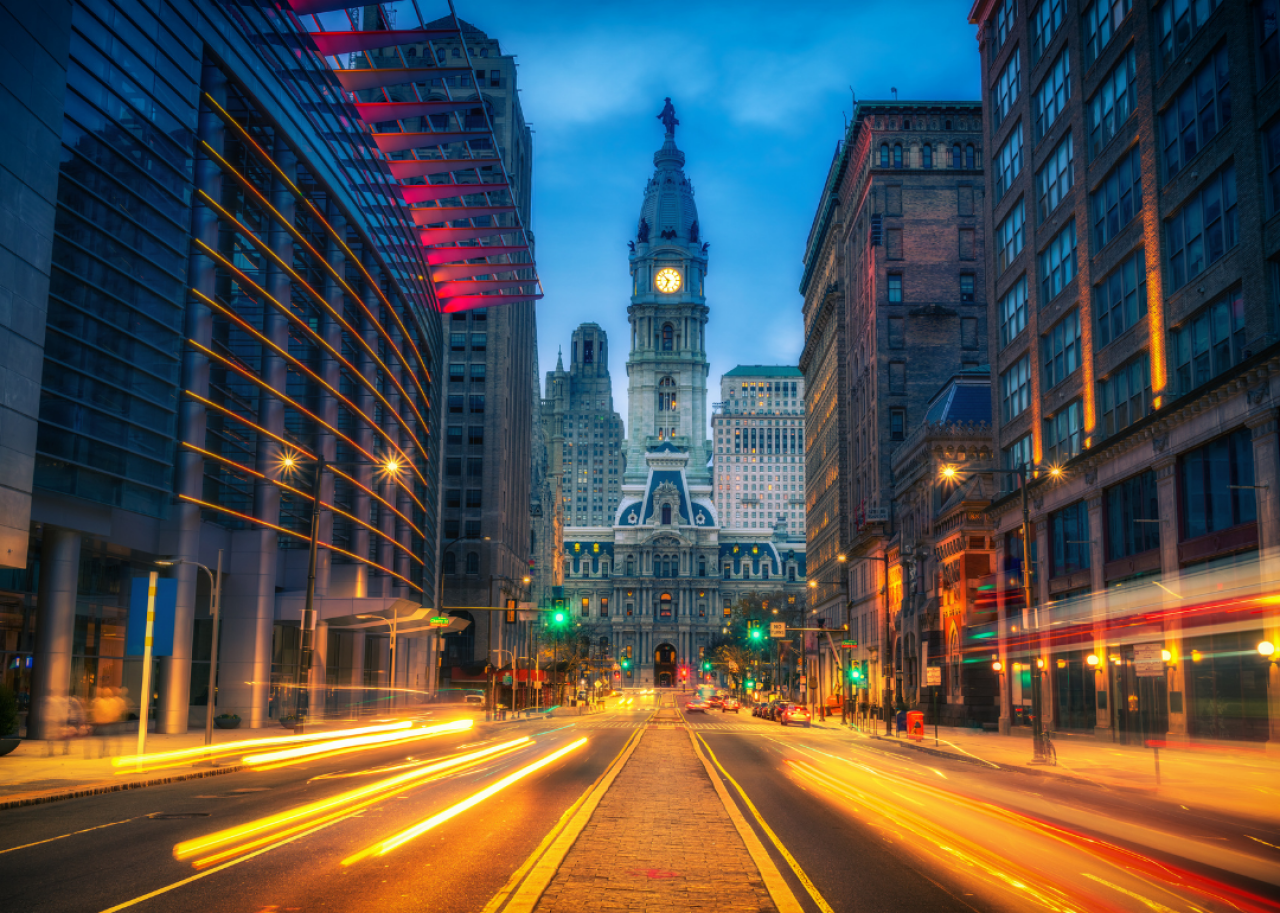 #14. Philadelphia A street-level view of Philadelphia's City Hall at dusk.