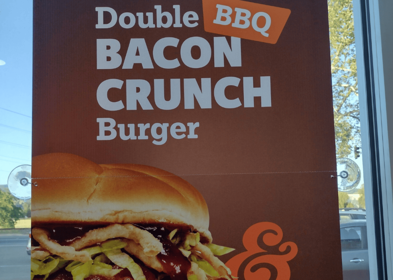 Five Guys: Cheeseburger A poster for the BBQ Bacon Crunch Burger at A&W.