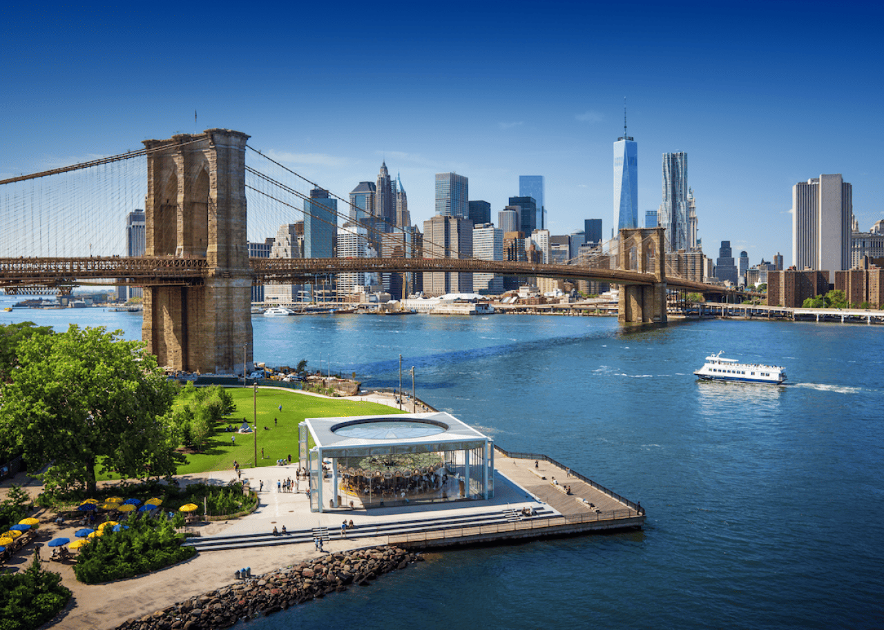 An aerial view of New York City on the water.