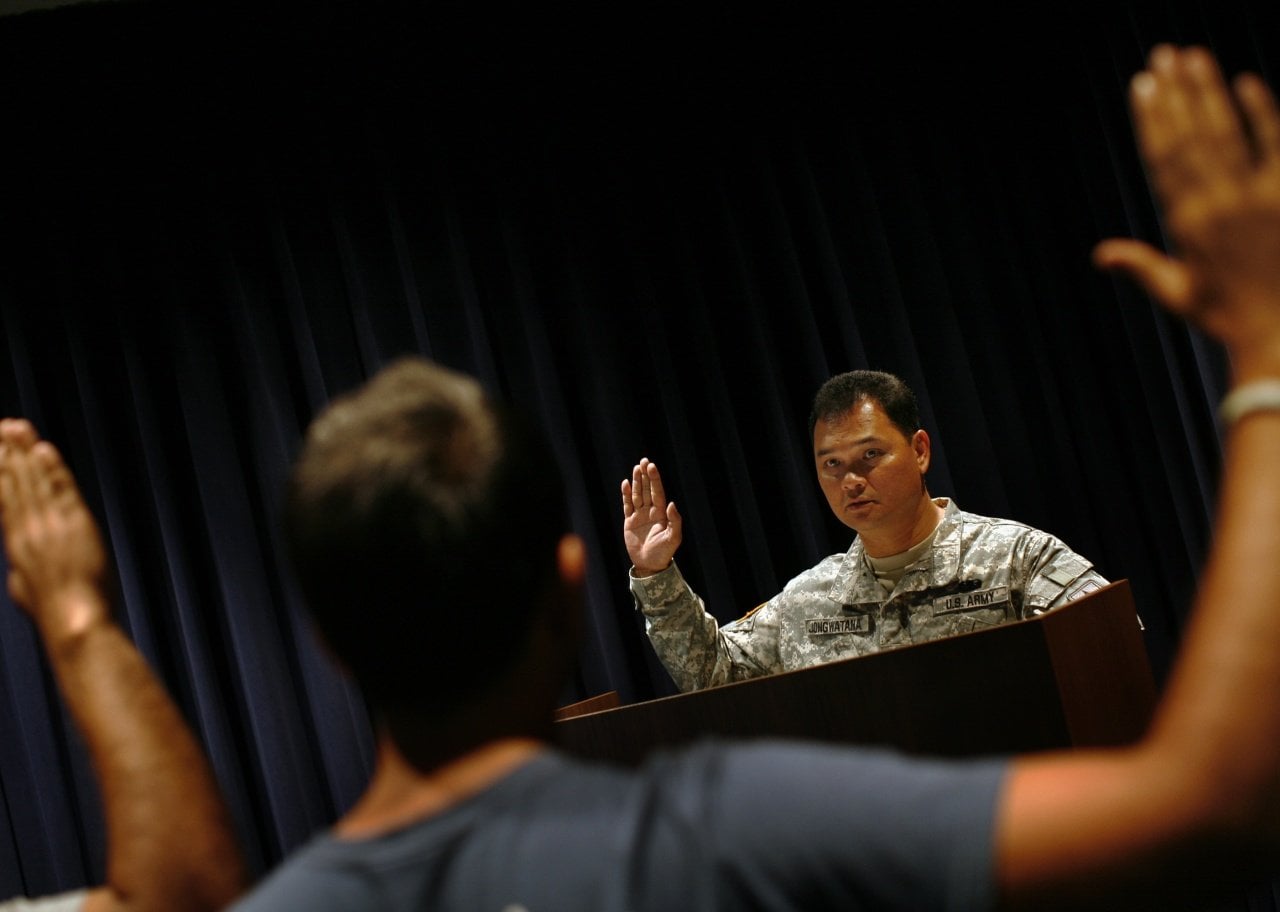 A recruit being sworn into the U.S. Army.