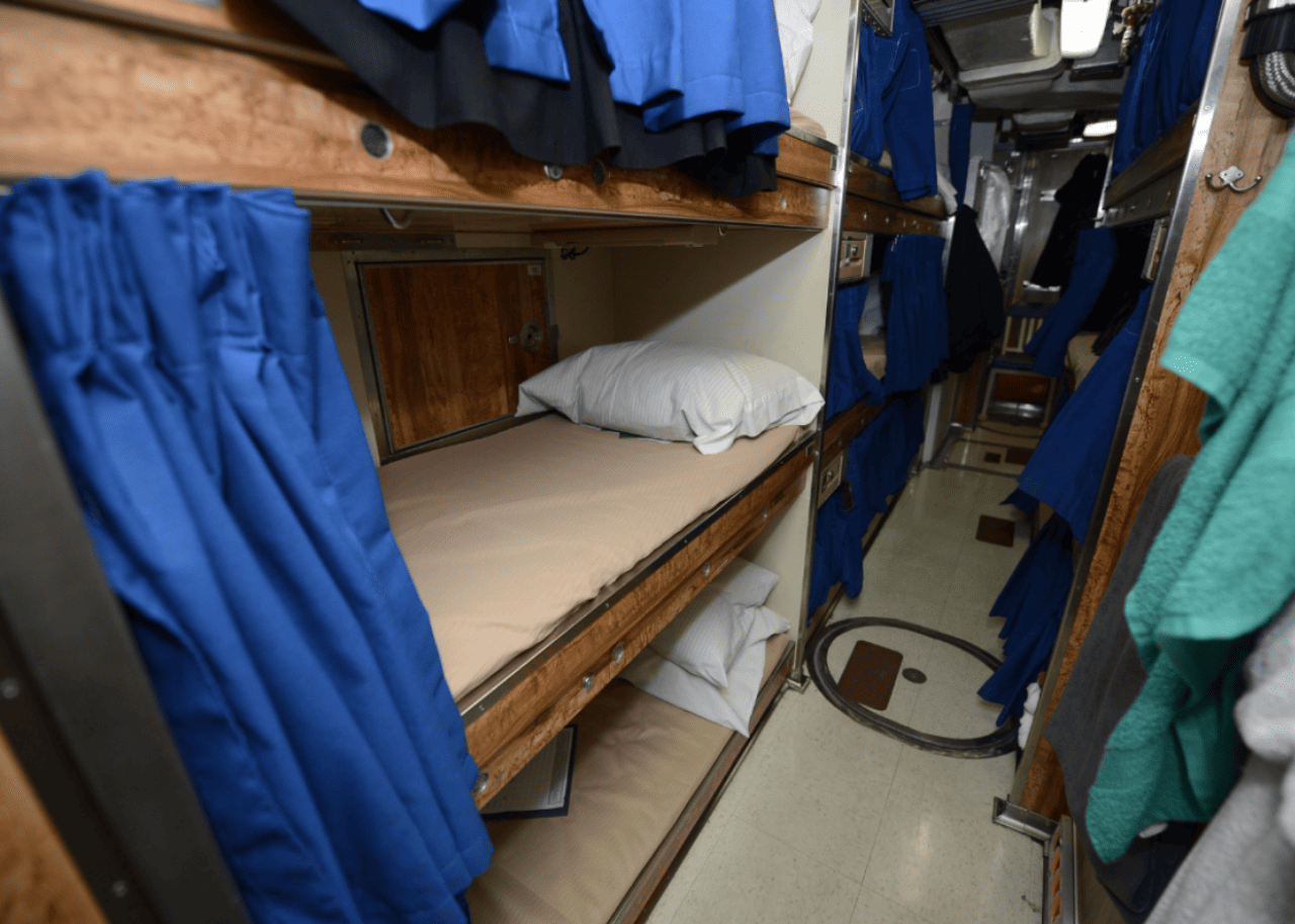 Bunkbeds from floor to ceiling.