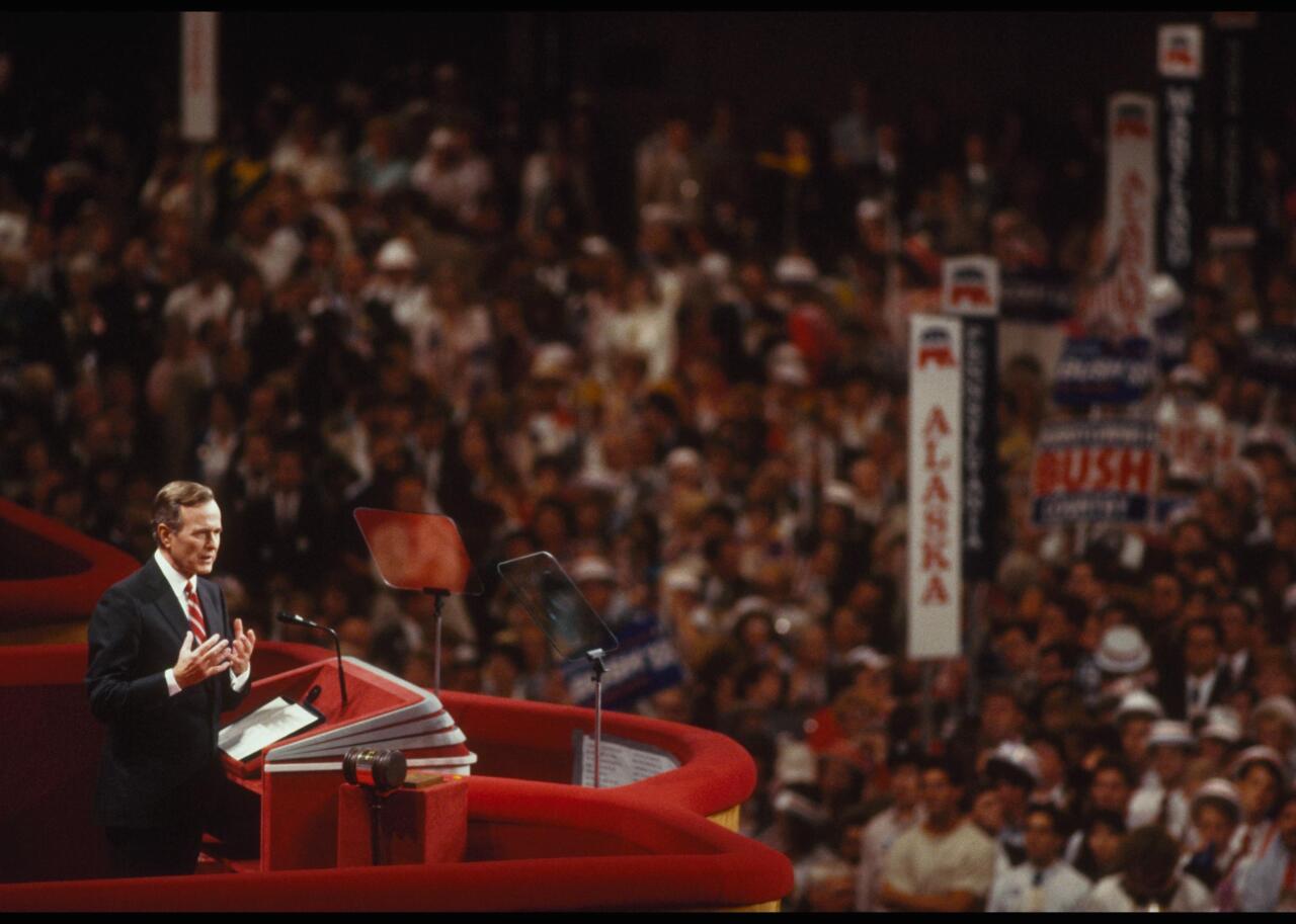 George H.W. Bush gives a speech at the 1988 Republican Convention.
