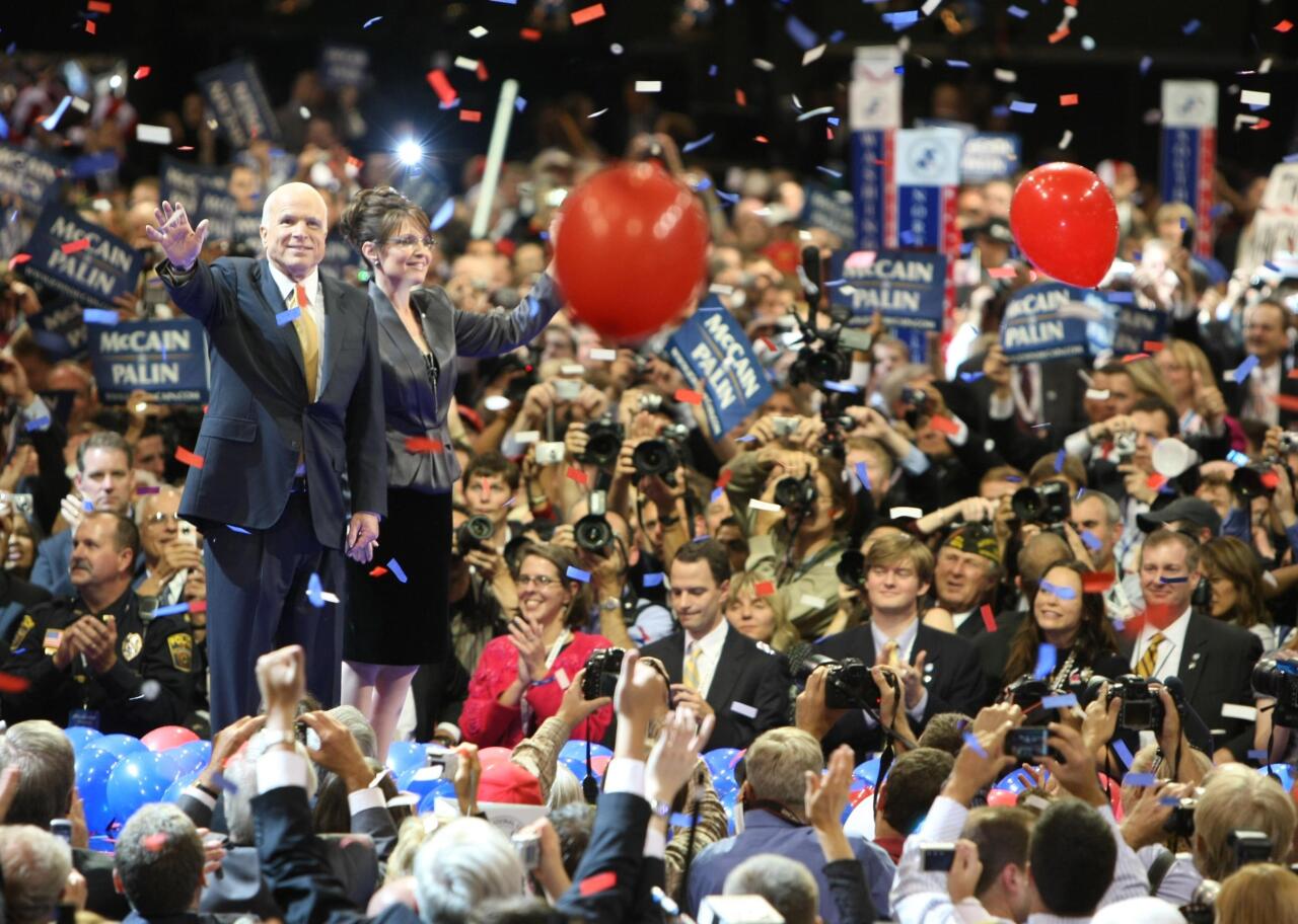 Gov. Sarah Palin and Sen. John McCain at the end of McCain's speech at the Republican National Convention in St. Paul, Minnesota.