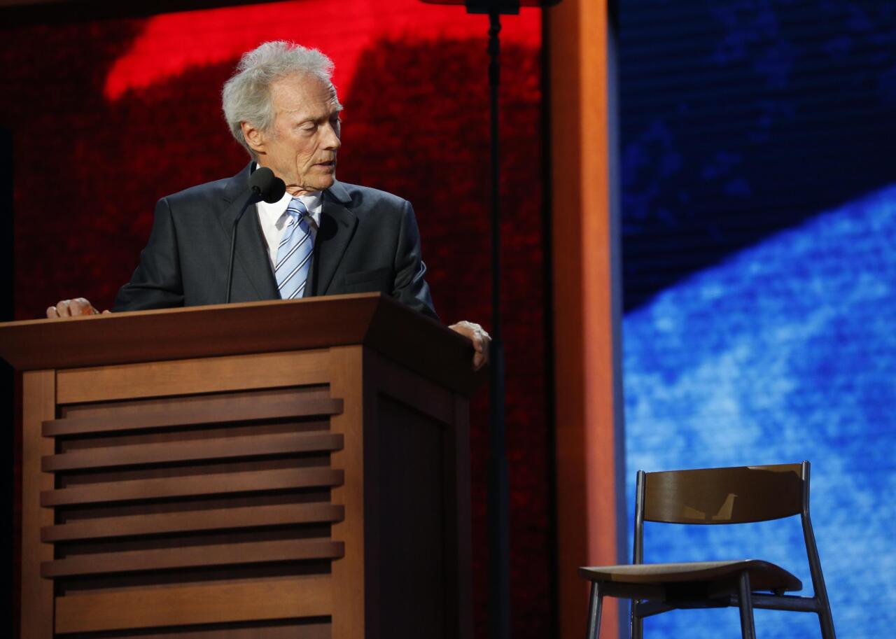 Actor Clint Eastwood talks to an empty chair during the 2012 Republican National Convention at the Tampa Bay Times Forum on Aug. 30, 2012, in Tampa, Florida.