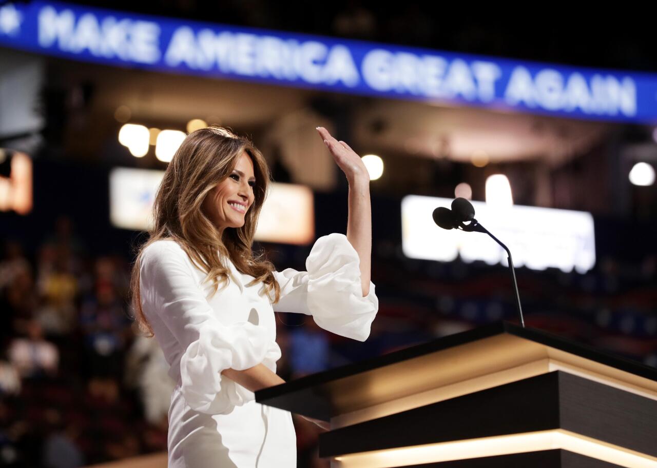 Melania Trump waves to the crowd after delivering a speech on the first day of the RNC on July 18, 2016.