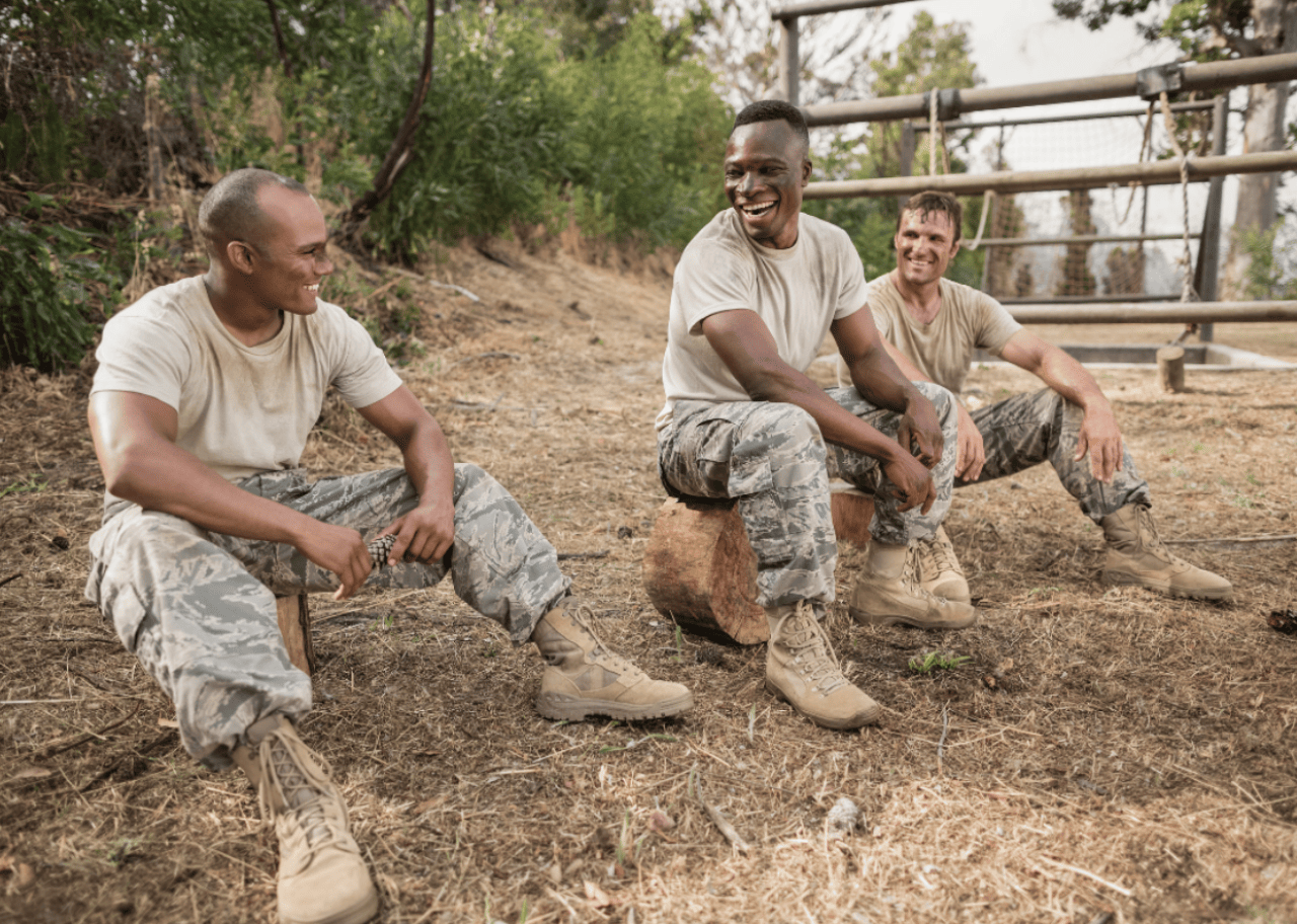 Soldiers taking a break and laughing.