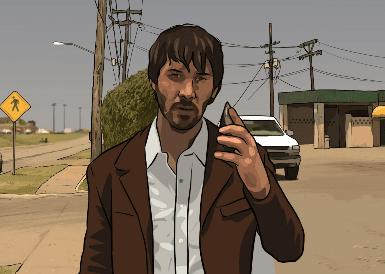 An animated image of Keanu Reeves in a parking lot in A Scanner Darkly.