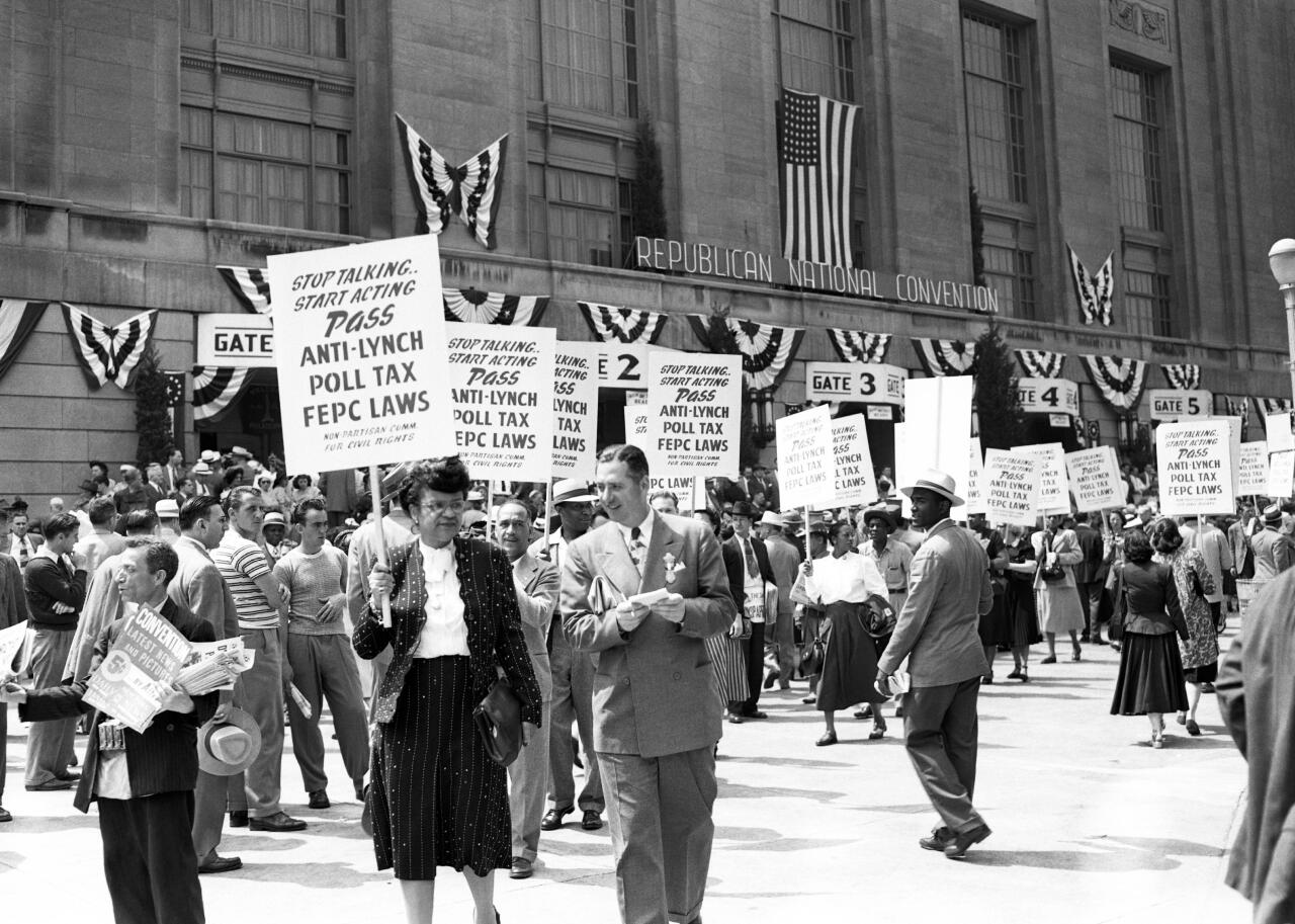 Members of the American Communications Association set up picket lines in front of the Convention Hall before the 1948 Republican National Convention in Philadelphia.