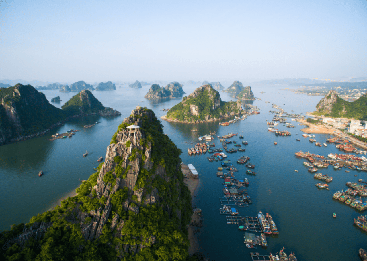 An aerial view of islands an boats in Vietmnam.