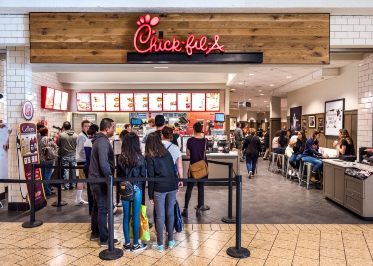 A crowded Chick-fil-A restaurant.