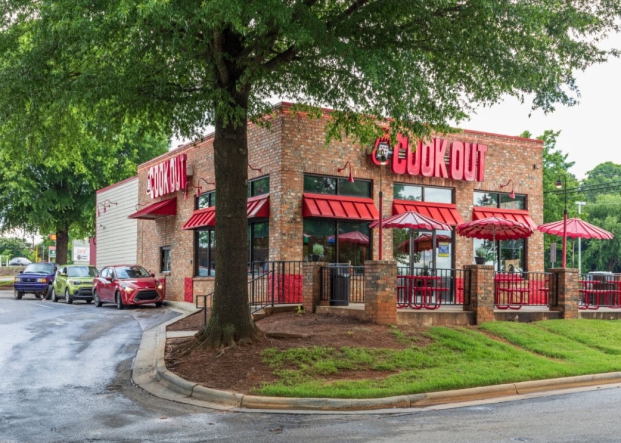 A Cook Out brick drive through restaurant.