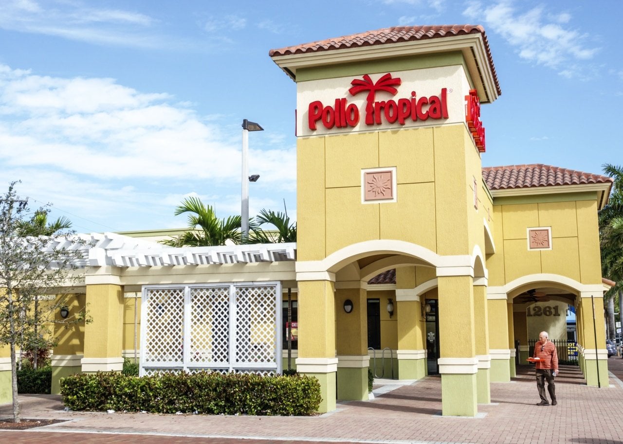 The exterior of a Pollo Tropical restaurant.