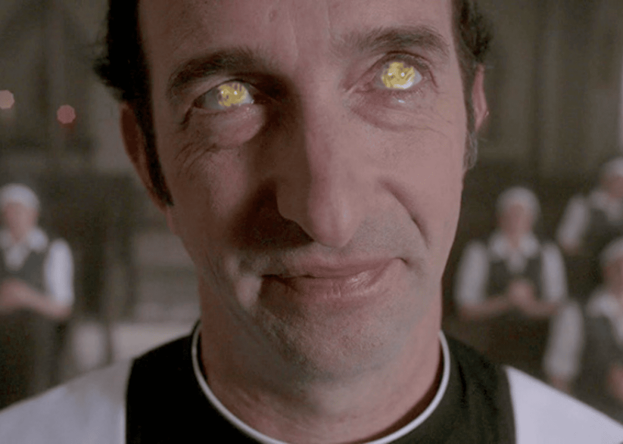 A priest smiling with his eyes changed to a blurry yellow.