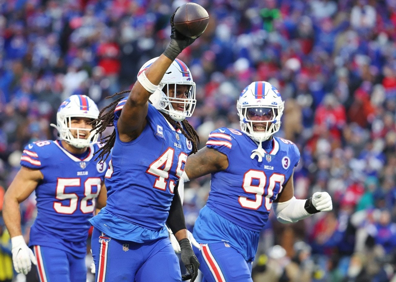 Tremaine Edmunds of the Buffalo Bills celebrates after an interception.