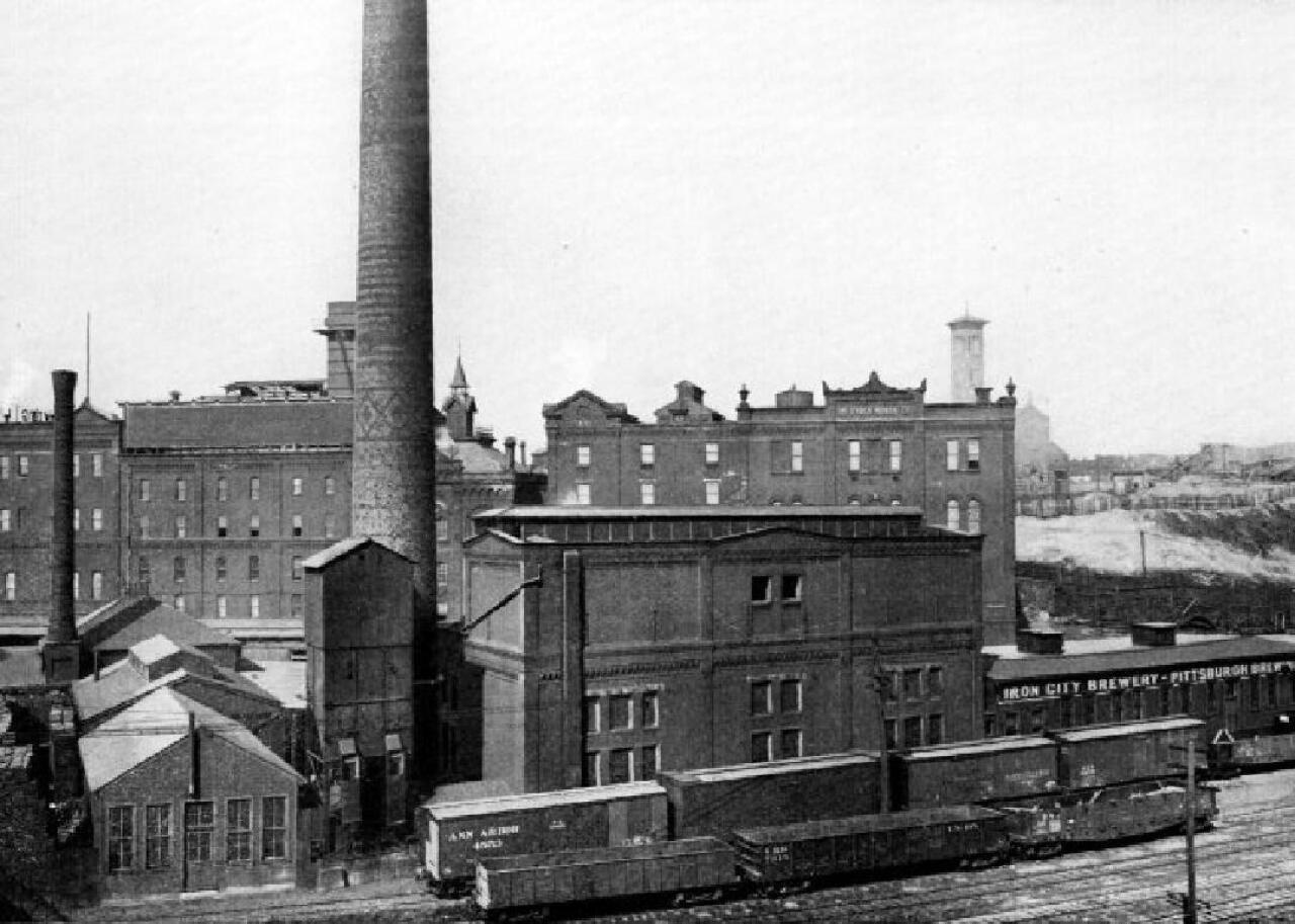 A view of the smokestack and brewhouse at the Iron City Brewery in Pittsburgh.