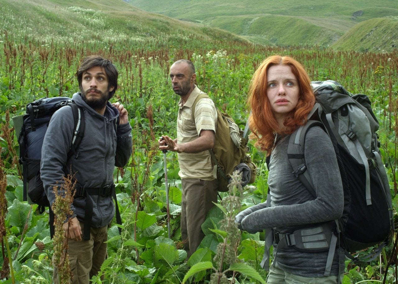 Gael García Bernal, Hani Furstenberg, and Bidzina Gujabidze hiking.