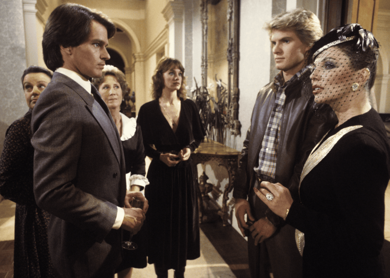 Joan Collins, Jack Coleman, Betty Harford, Virginia Hawkins, Pamela Sue Martin, and Gordon Thomson in 