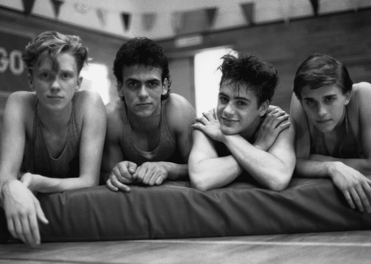 Anthony Michael Hall, Robert Rusler , Robert Downey Jr. and Ilan Mitchell-Smith pose for the movie 