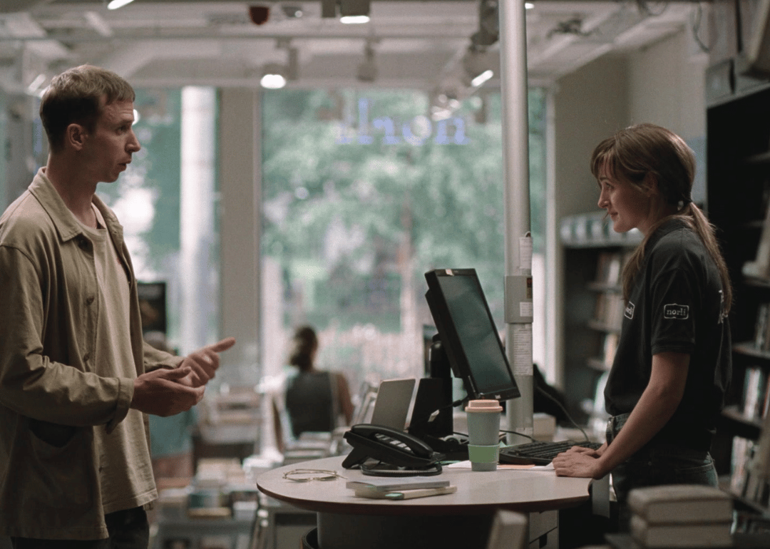 A man talks with a woman who is behind a counter at a business.