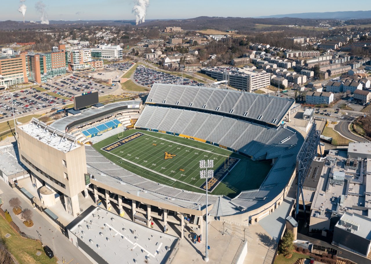 Aerial view of Milan Puskar WVU Mountaineers football stadium.
