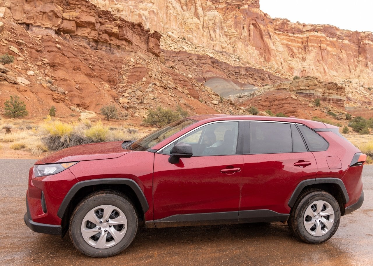 Side view of a red 2022 Toyota RAV4.