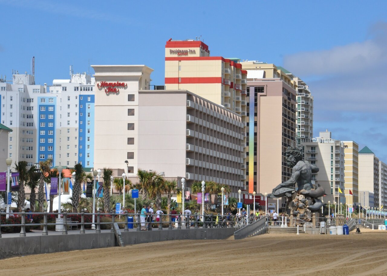 Boardwalk and buildings in Virginia Beach.