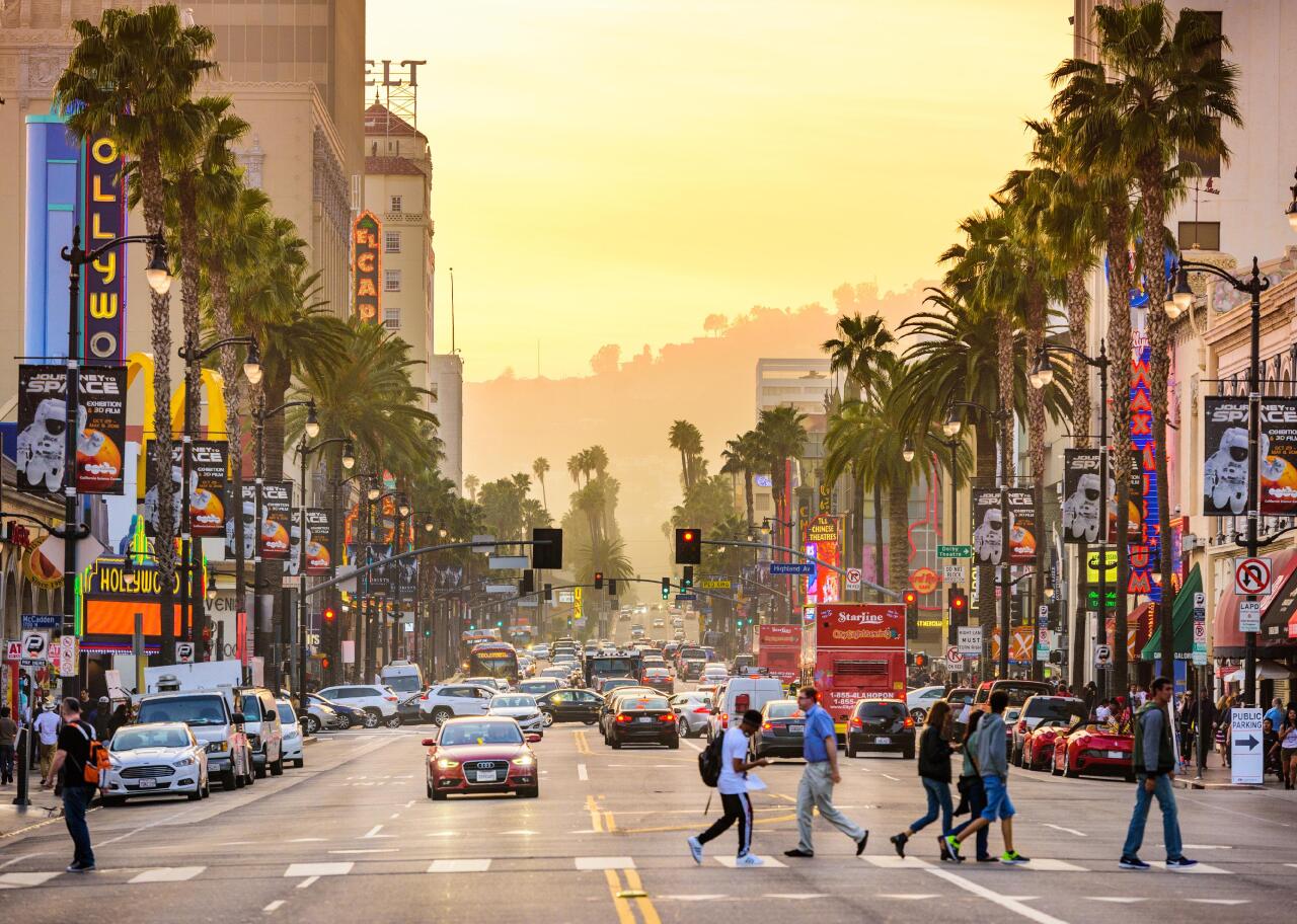 A busy street scene on Hollywood Boulevard in Los Angeles.