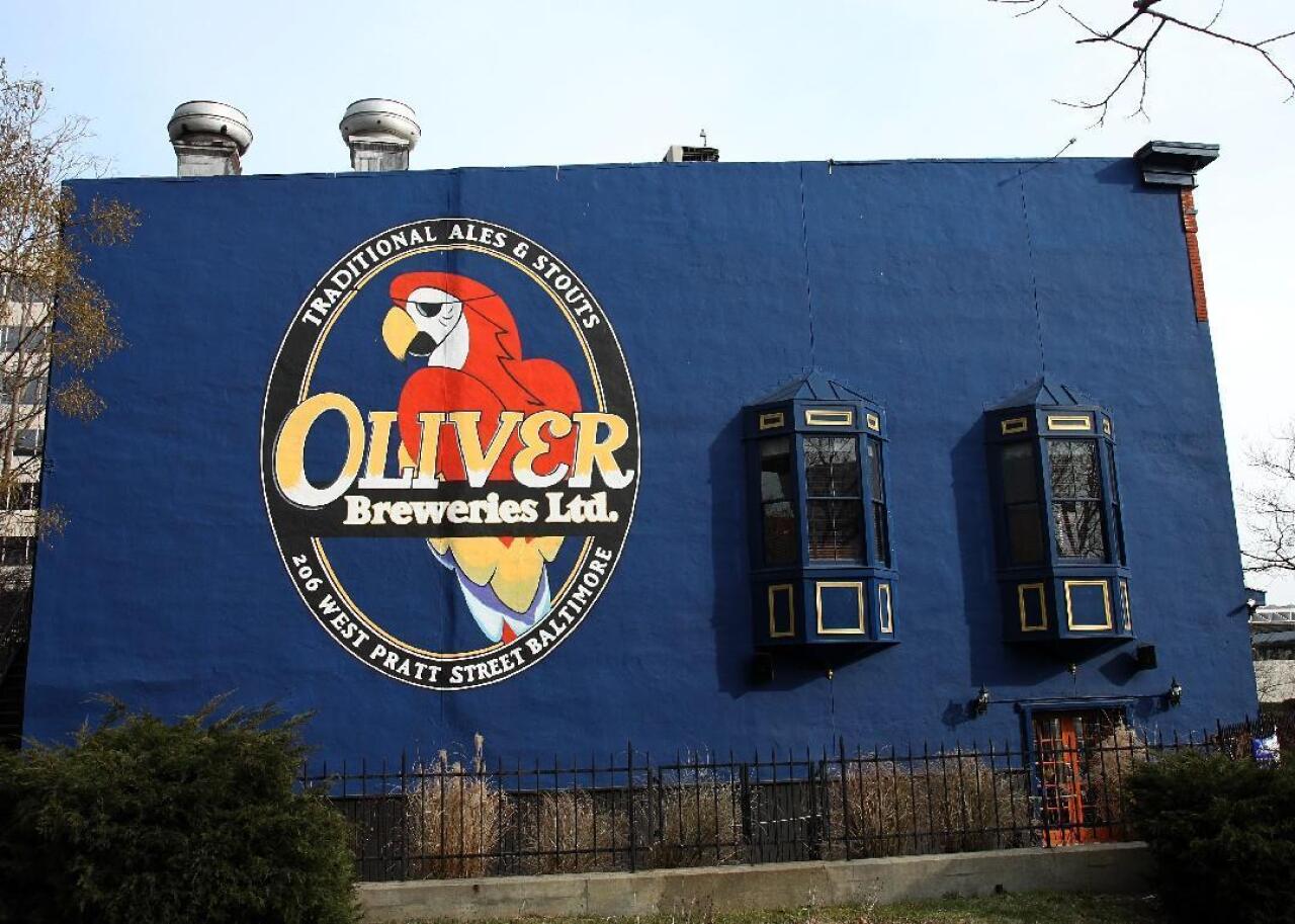 Building mural of the logo for Oliver Breweries in Maryland.