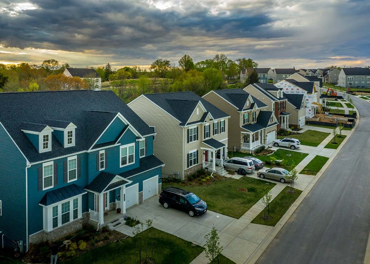 A row of single family houses in a Maryland neighborhood.