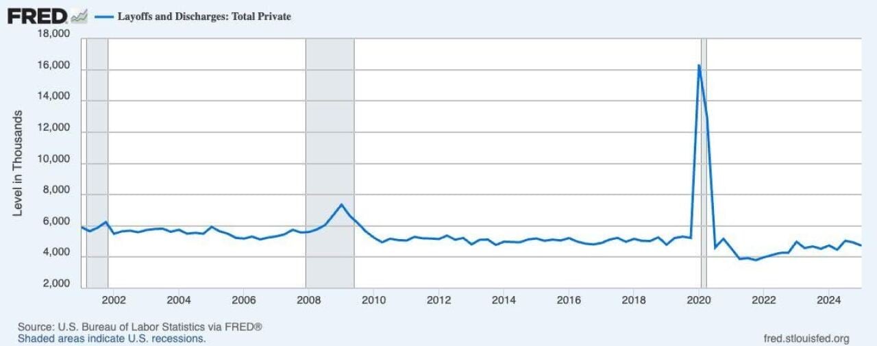 Data graph showing the Layoffs and discharges in the thousands since 2002-2024.