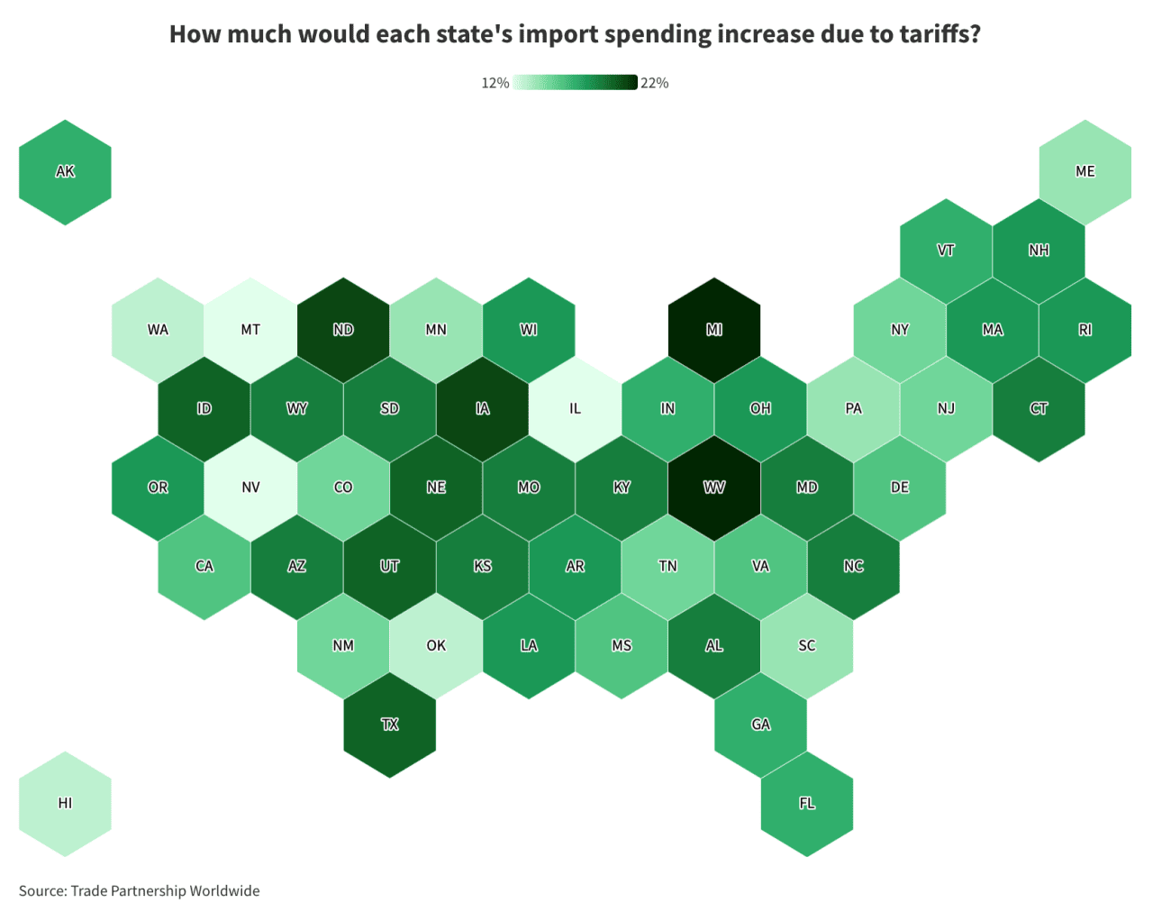 Map showing percentage increase of each state's spending after tariffs.